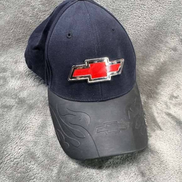 Chevrolet Hat Baseball Cap Bowtie Logo Flames Graphic Black‎ Blue Mens - Picture 1 of 10